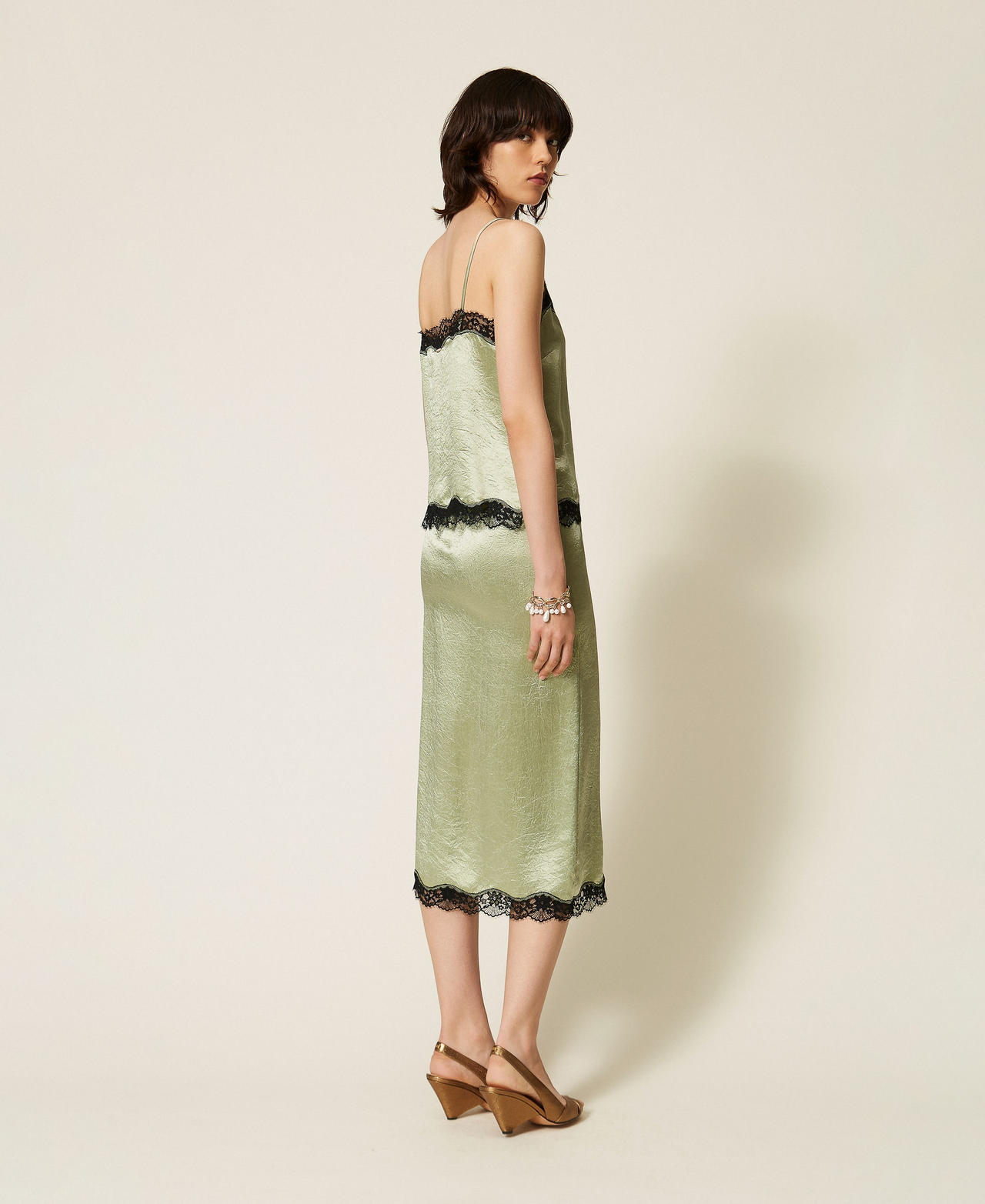 Gonna longuette in raso froiss&eacute; e pizzo Bicolor Sage / Nero Donna 262TP2111_13855_03
