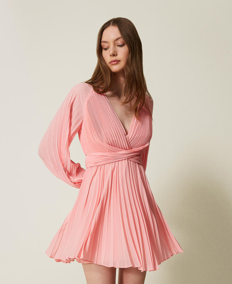 Short pleated georgette dress Peach Woman 251TP2334_12142_01