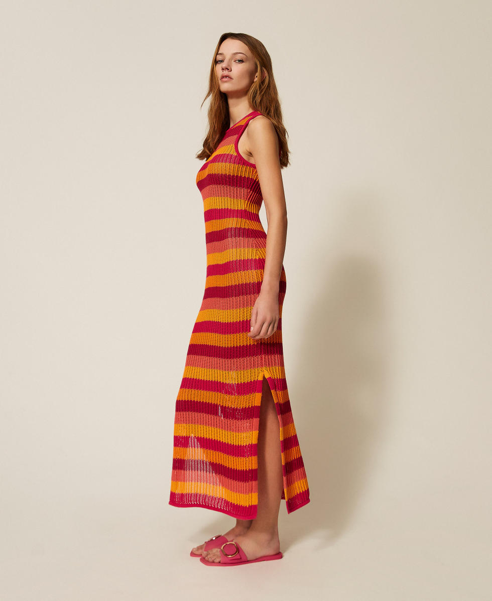 Long striped knit dress Fuchsia/Orange Stripe Mix Woman 261LB3BAA_13377_02