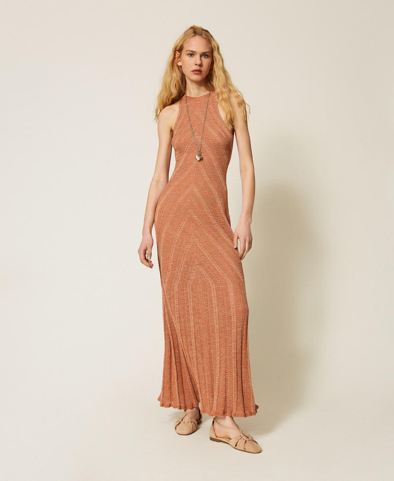 Langes Kleid aus Leinenstrick mit Lurex Salmon Rose Scuro Lurex Frau 261TT3213_13567_01