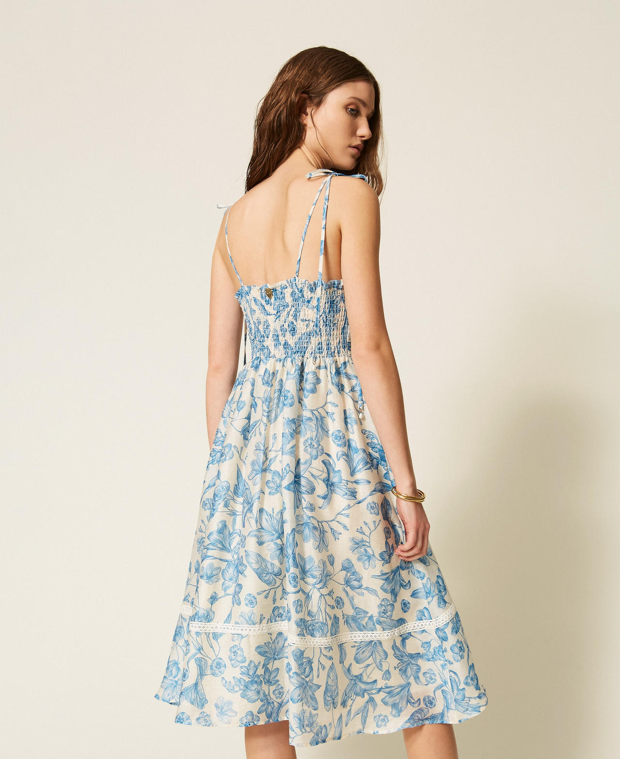 Short floral dress with lace Off White/Med Blue Toile De Jouy Print Woman 261LM2SCC_13465_03