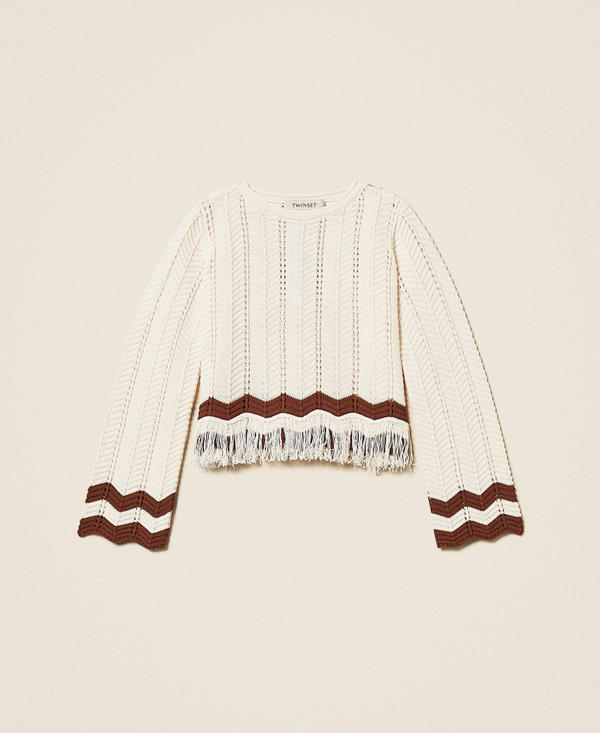 Rundhalspullover mit Zackenmuster und Fransen