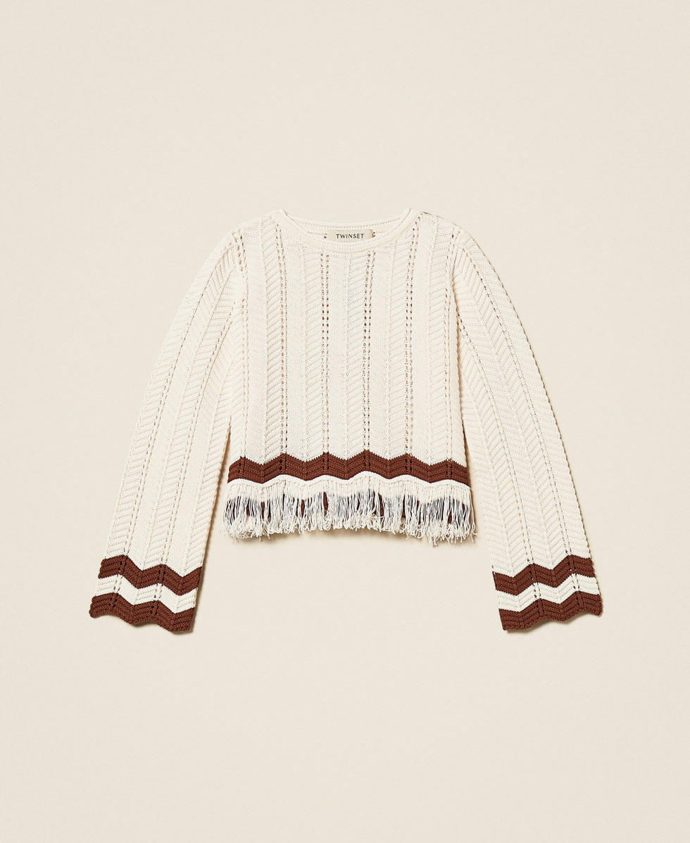 Rundhalspullover mit Zackenmuster und Fransen