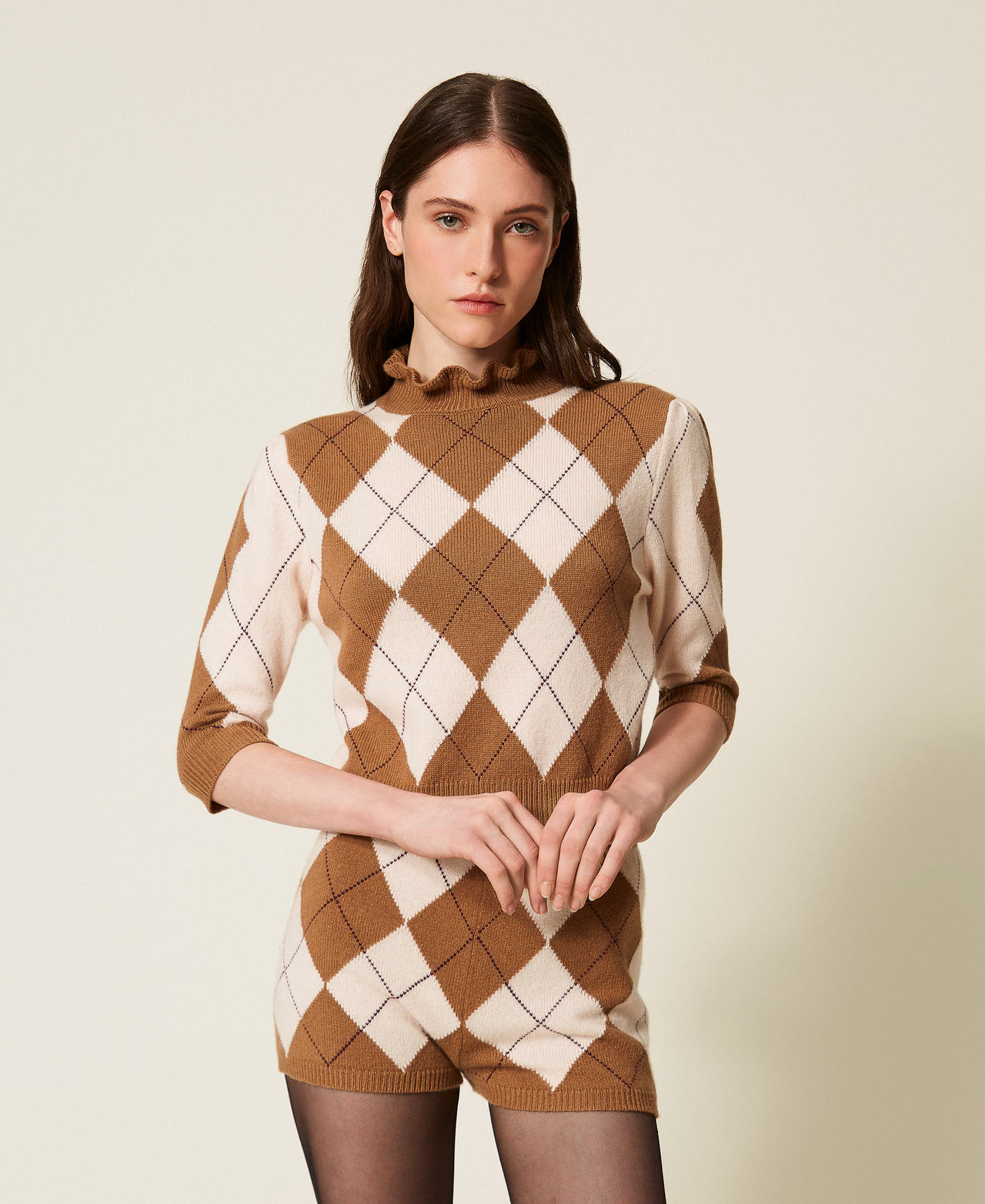 Pull en laine mélangée jacquard avec losanges Incrustation Argyle Rose Parisienne Femme 252TS3401_13208_01