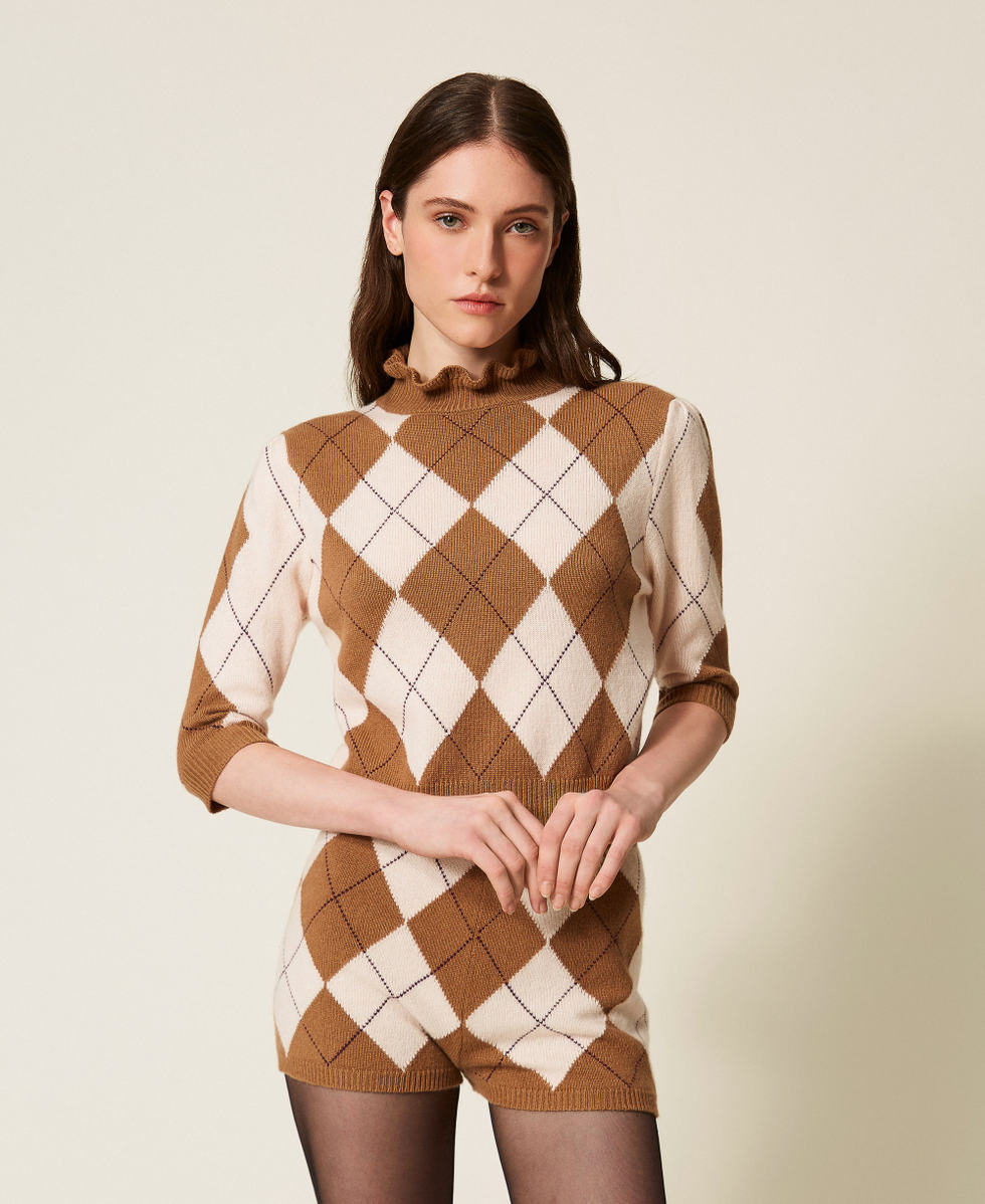 Jacquardpullover aus Wollmischung mit Rautenmuster Intarsie Argyle Parisienne-Rosa Frau 252TS3401_13208_01