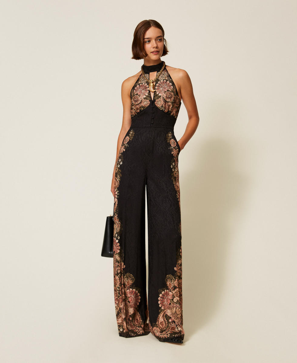 Long jacquard jumpsuit  with print Black/Rust Brown Paisley Print Woman 252TP2044_12742_01