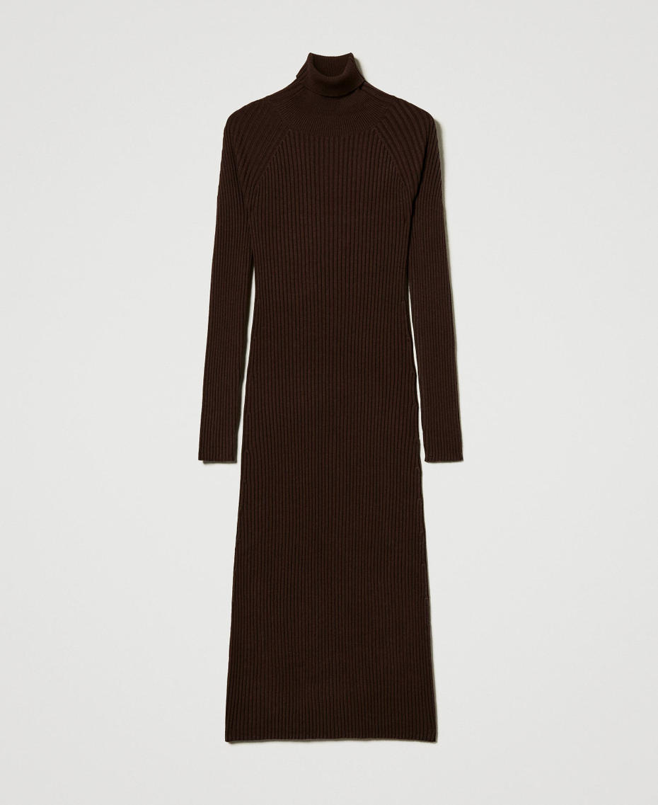 Long ribbed knit dress with cut-out Coffee Chocolate Woman 242TT3062_11946_S0