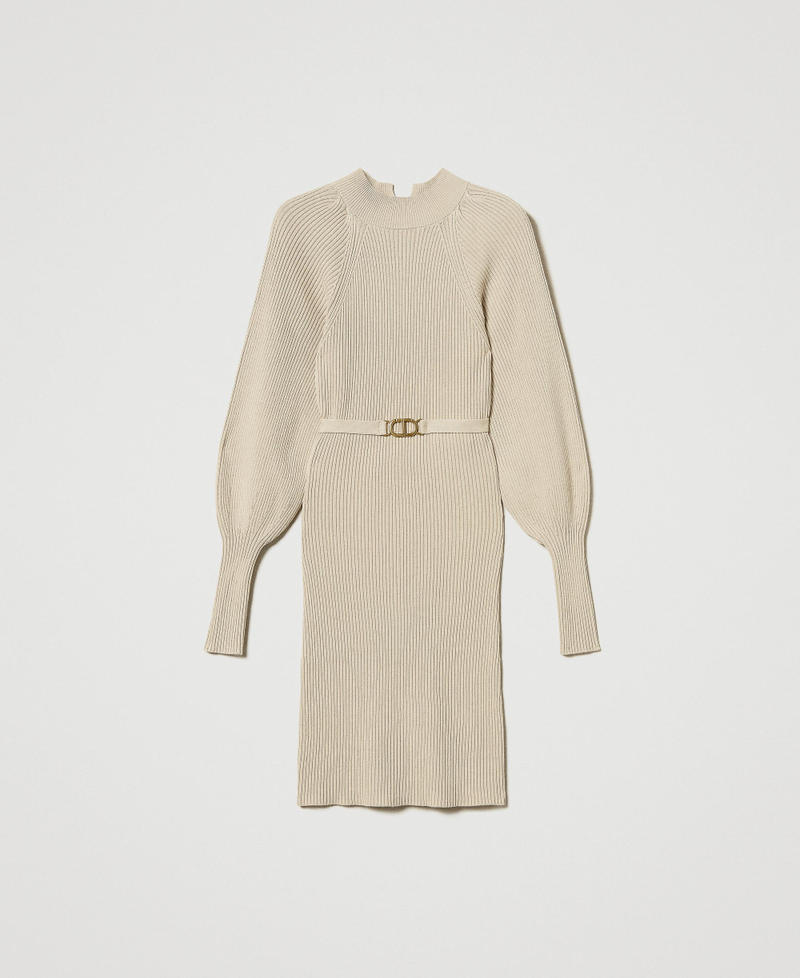 Short ribbed knit dress with belt White Cream Woman 242TT3063_11952_S0