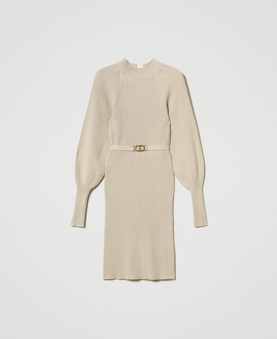 Short ribbed knit dress with belt White Cream Woman 242TT3063_11952_S0