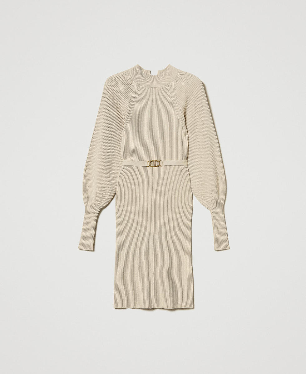 Short ribbed knit dress with belt Woman, White | TWINSET Milano