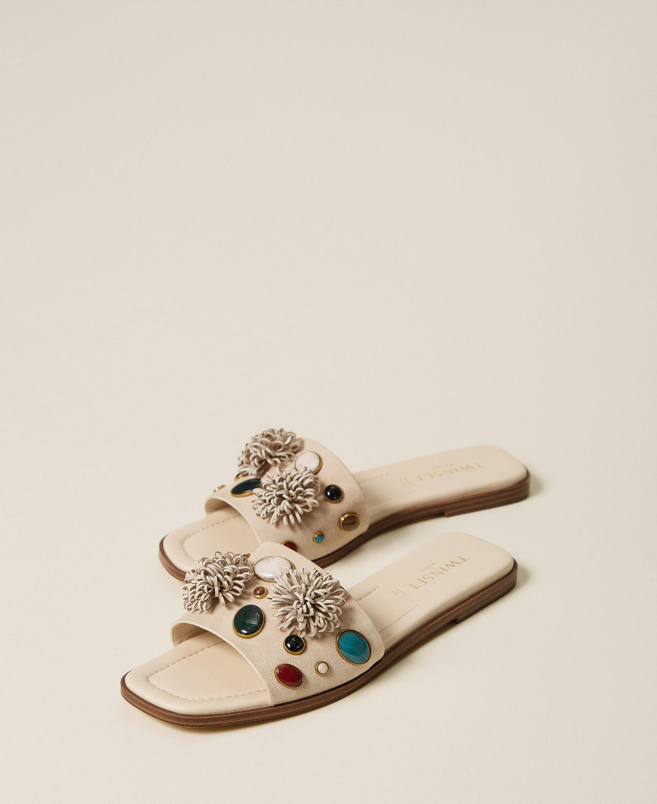 Suede slides with decorative stones Mother Of Pearl Woman 261TGT062_00059_02