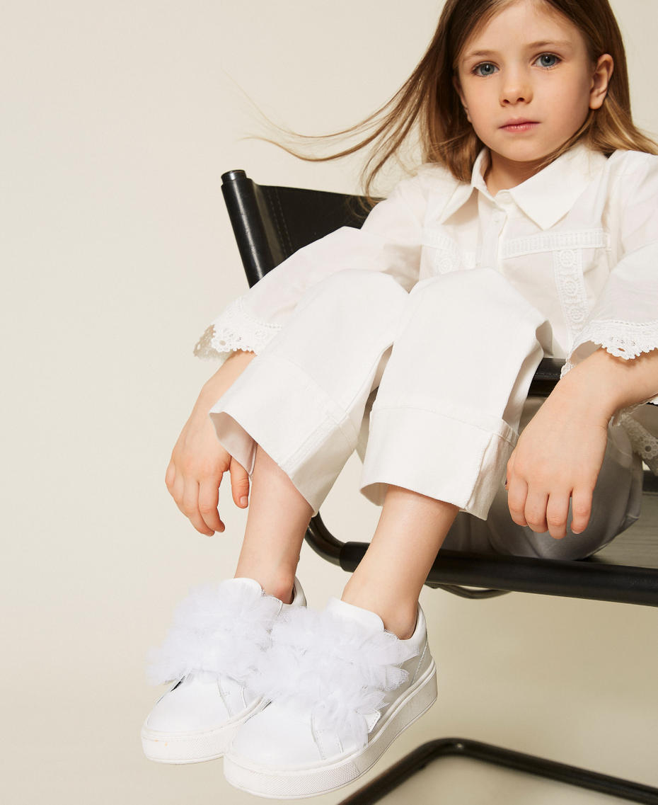 Girls' leather trainers with tulle flower Milk Girl 261GCB010_12577_T0