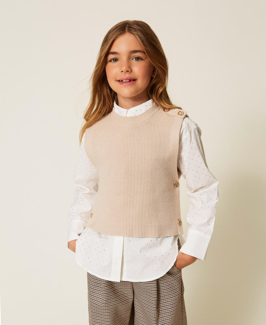Sleeveless knit jumper with Oval T buttons Biscuit Beige Girl 252GJ3062_10884_01