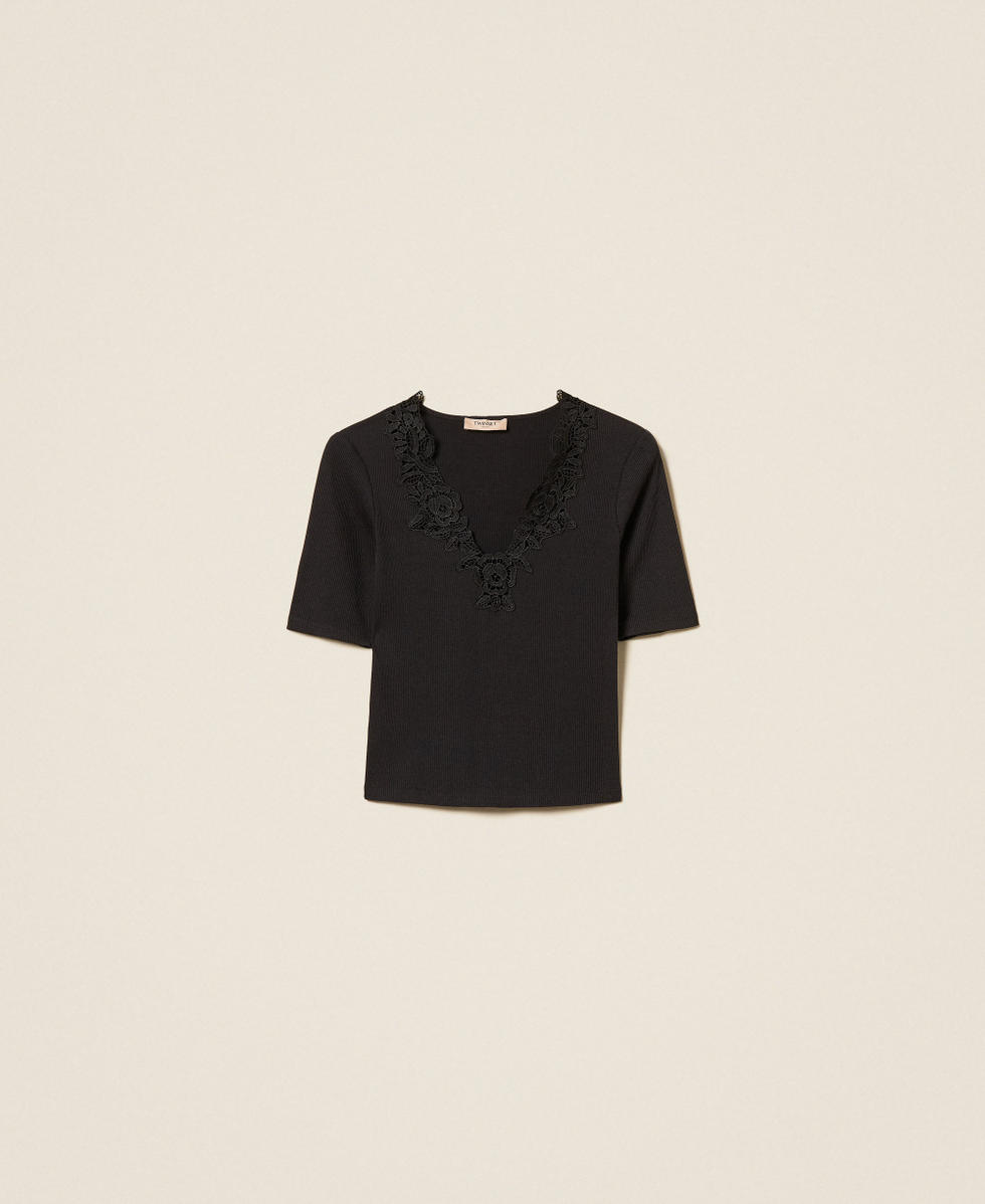 Camiseta acanalada con encaje Negro Mujer 261TT2361_00006_S0