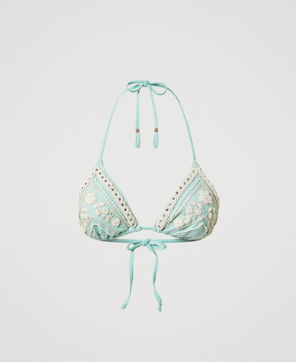 Embroidered triangle bikini top Green Marine/Almond Beige Embroidery Woman 251LMMF22_12374_S0