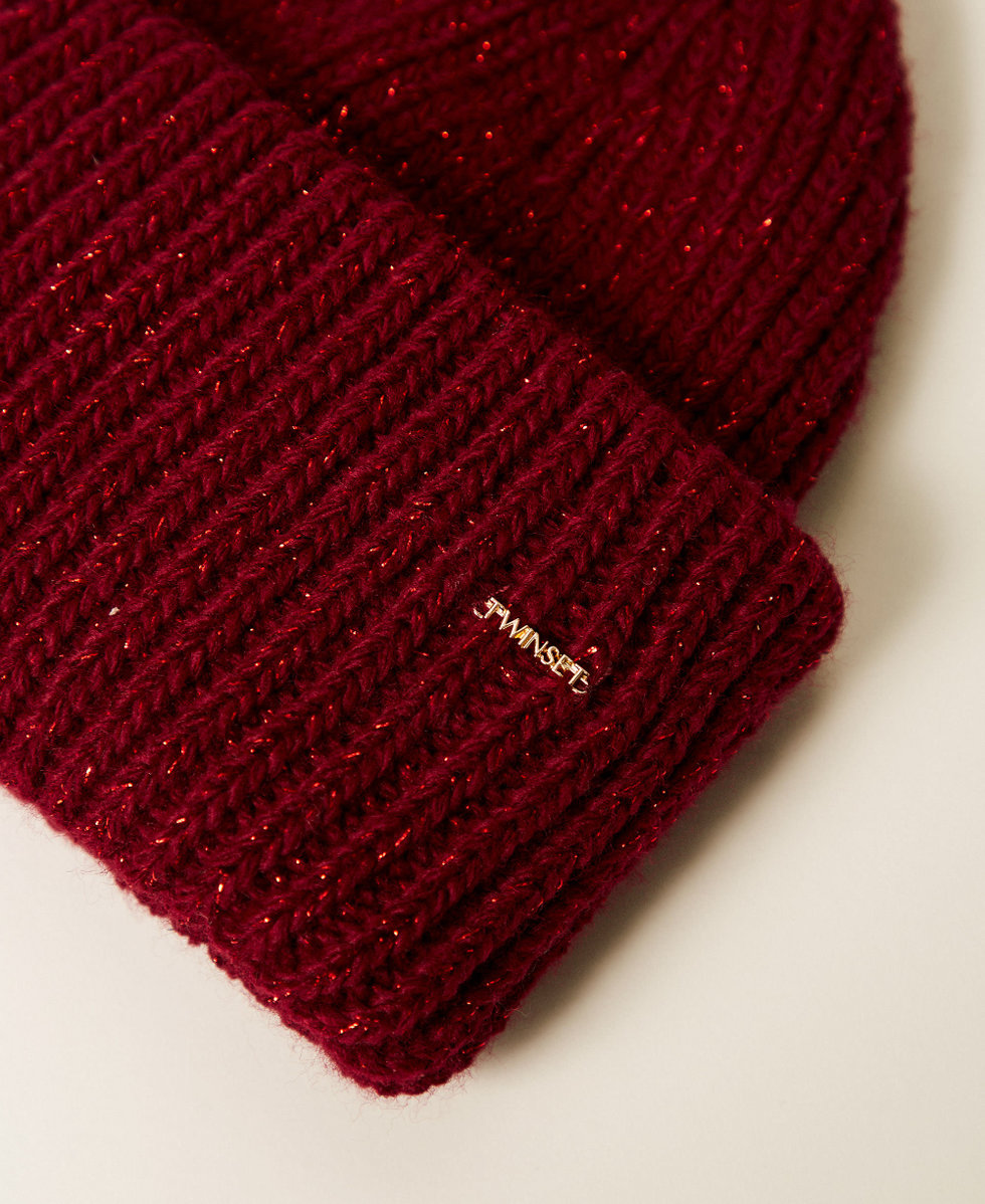 Knitted beanie with lurex Burgundy Red Woman 262TA4620_13670_02
