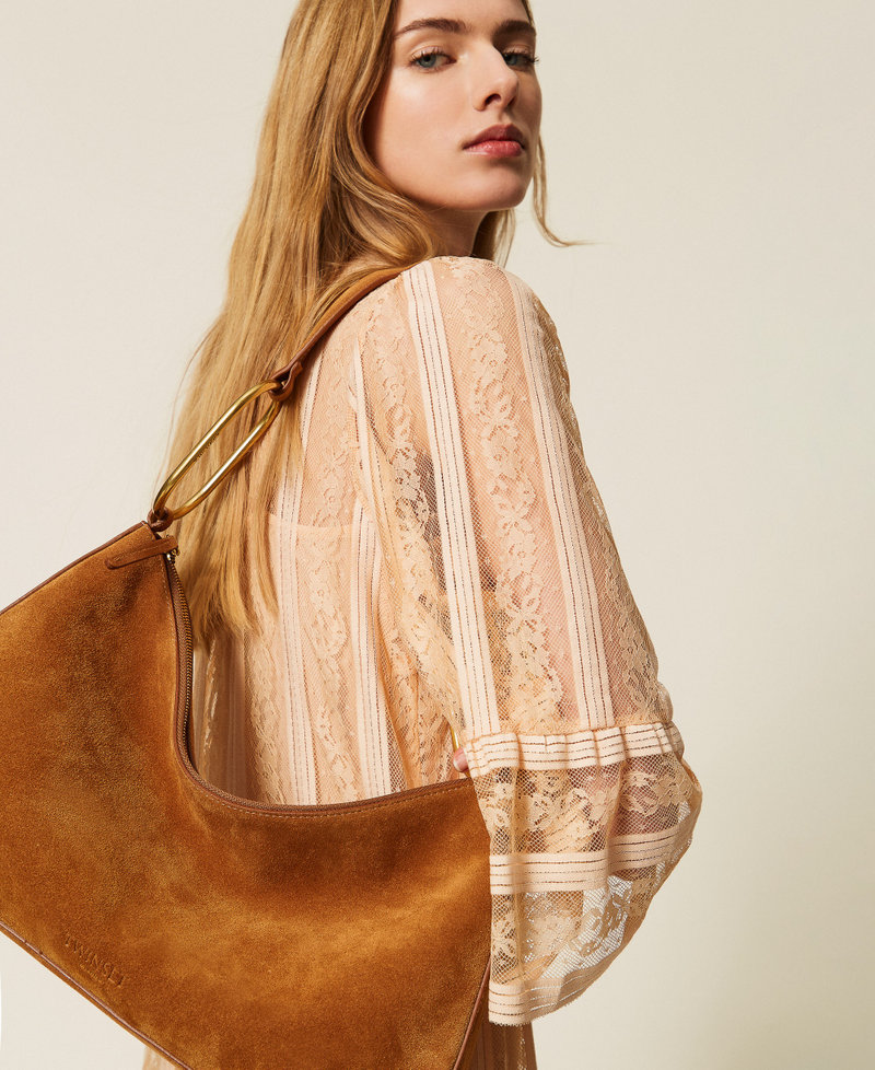 'Liliane' medium suede bag with rings "Bubinga Wood" Brown Woman 261TB7086_11061_T0