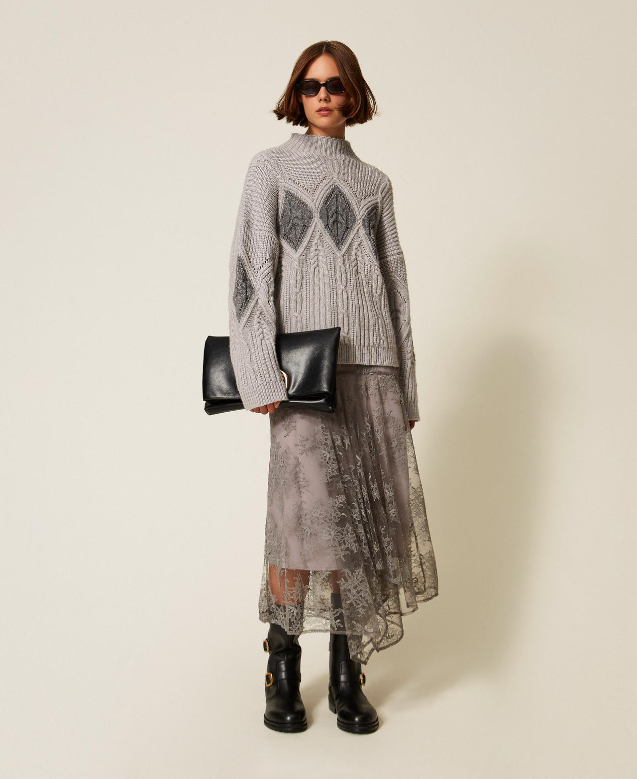 Wool blend intarsia jumper Two tone Light Grey Melange/Mid Grey Melange Lurex Woman 252TT3290_13011_01