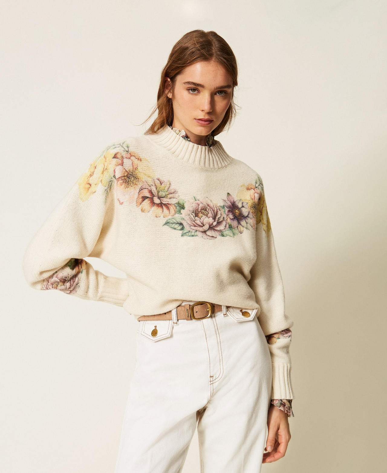 Pull en laine m&eacute;lang&eacute;e avec imprim&eacute;