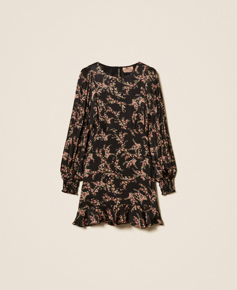 Robe courte en satin cr&eacute;pon floral Imprim&eacute; Petites Fleurs Noir/Rose Femme 262TP275J_13700_S0