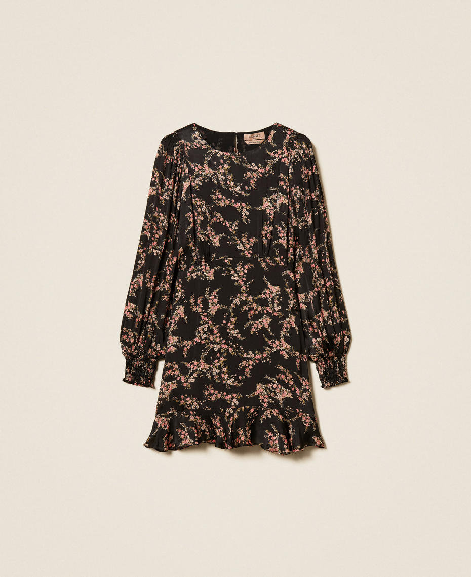 Robe courte en satin cr&eacute;pon floral Imprim&eacute; Petites Fleurs Noir/Rose Femme 262TP275J_13700_S0