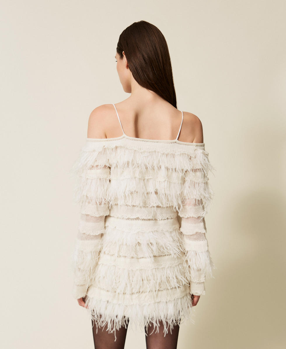 Short off shoulder knit dress with feathers White Snow Woman 252TS3243_00282_03