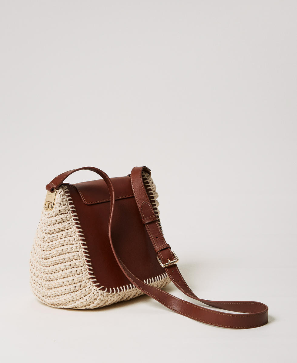 Shoulder bag in crochet and leather Woman, Beige | TWINSET Milano