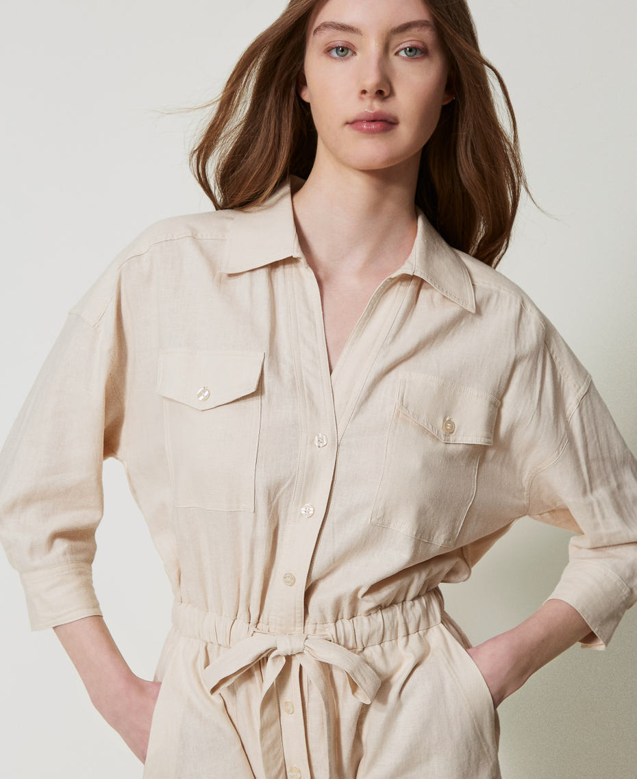 Linen-blend short jumpsuit Almond Beige Woman 251LM2QAA_12363_04