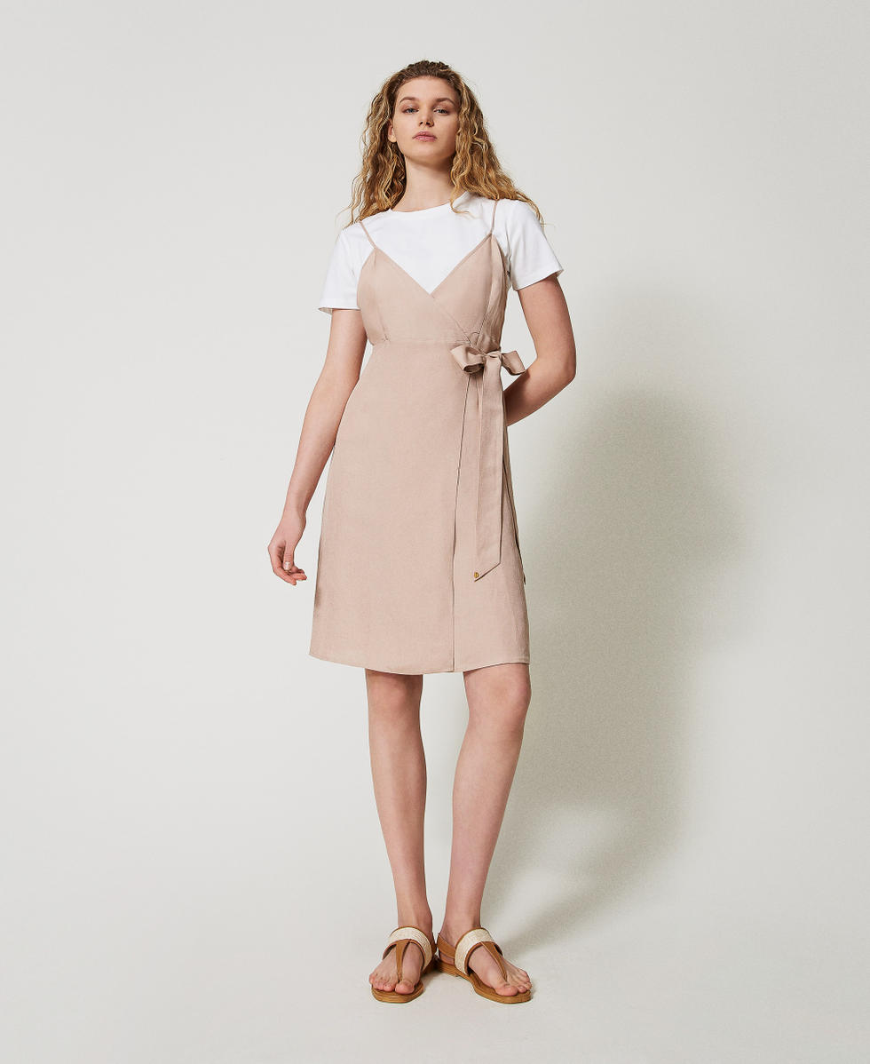 Linen blend midi dress Two-tone Rose Desert/White Cloud Woman 251LL2BEE_12246_01