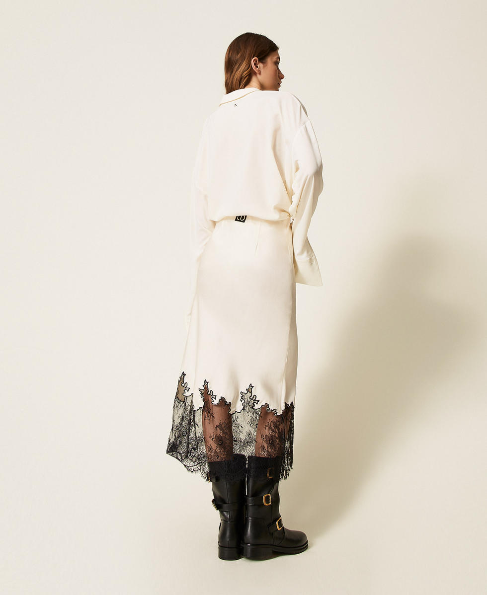 Satin and lace midi skirt Woman, White | TWINSET Milano