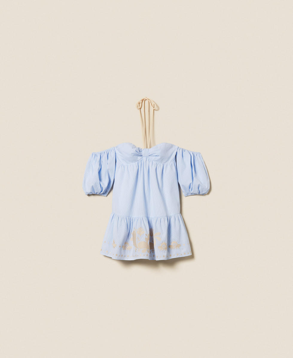 Robe courte ray&eacute;e avec broderie et manches Blanc Cass&eacute;/Bleu Clair Broderie Pinstripe Femme 261AT2041_13391_S0