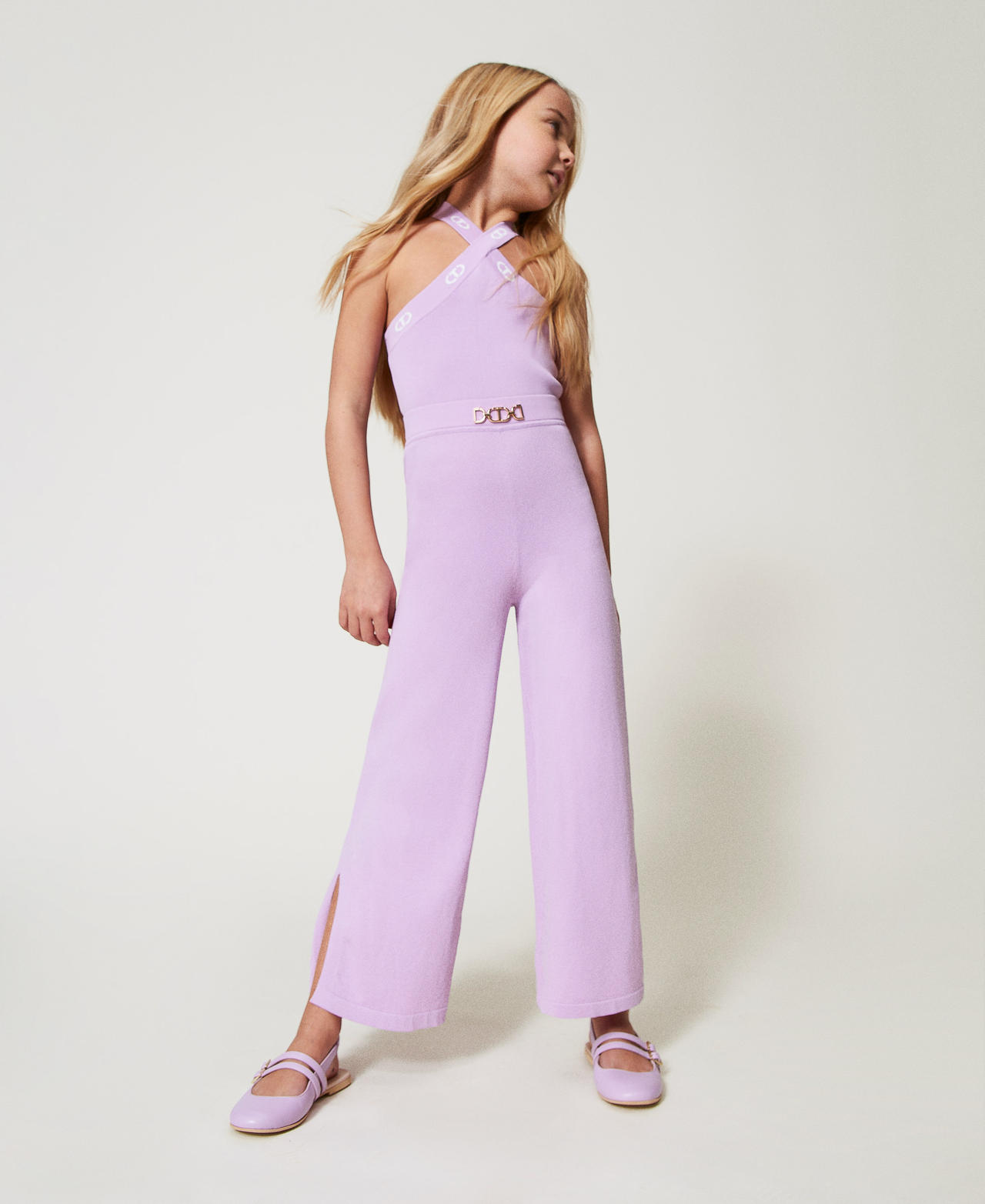 Knit jumpsuit with jacquard Oval T Girl, Purple | TWINSET Milano