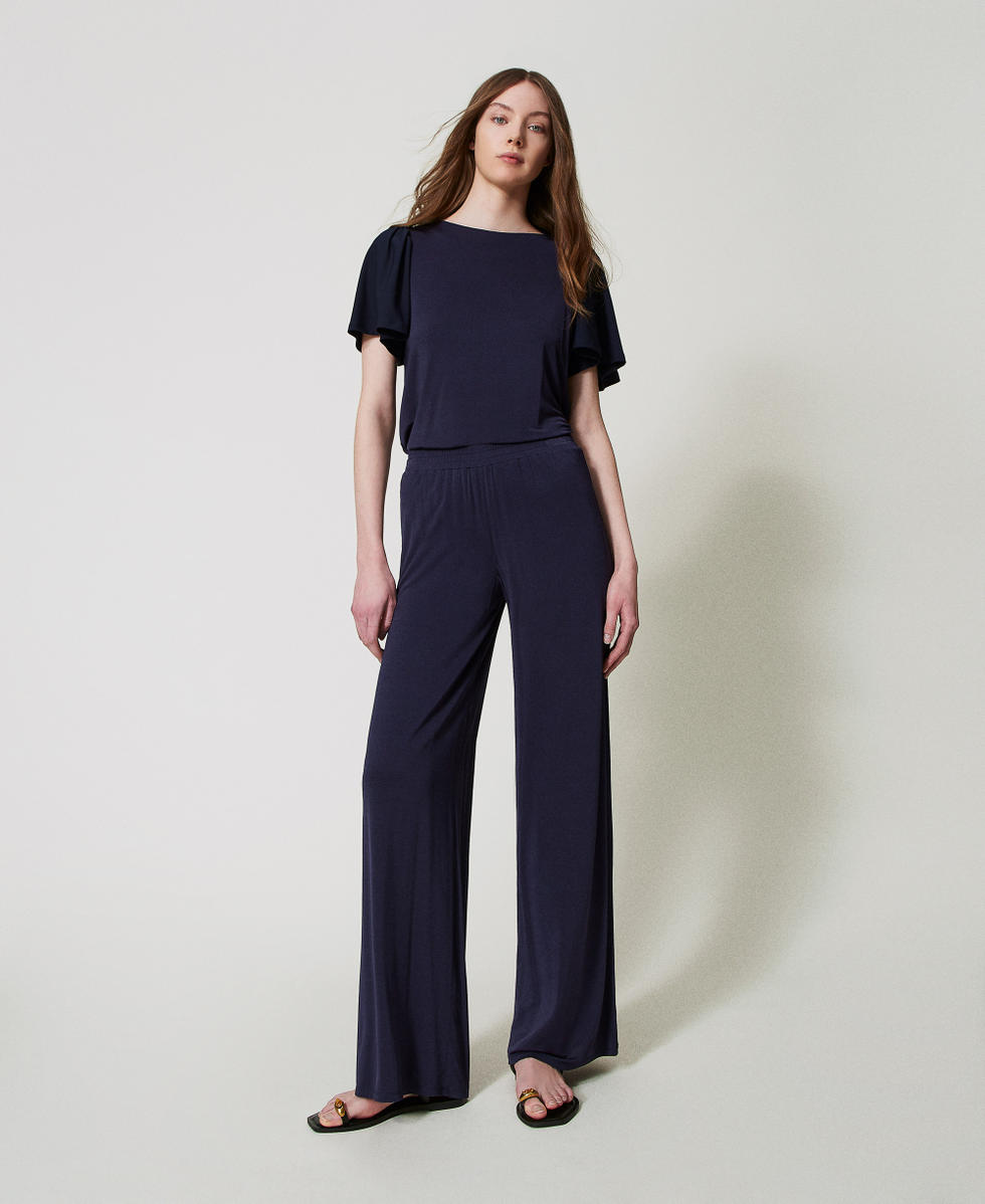 Pantalon palazzo en jersey Bleu Classique Femme 251LM2MEE_11956_01