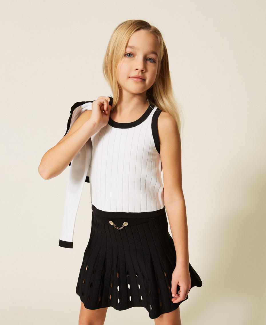 Knit cardigan and top with buttons Two tone Off White/Black Girl 261GJ3Q25_13203_05