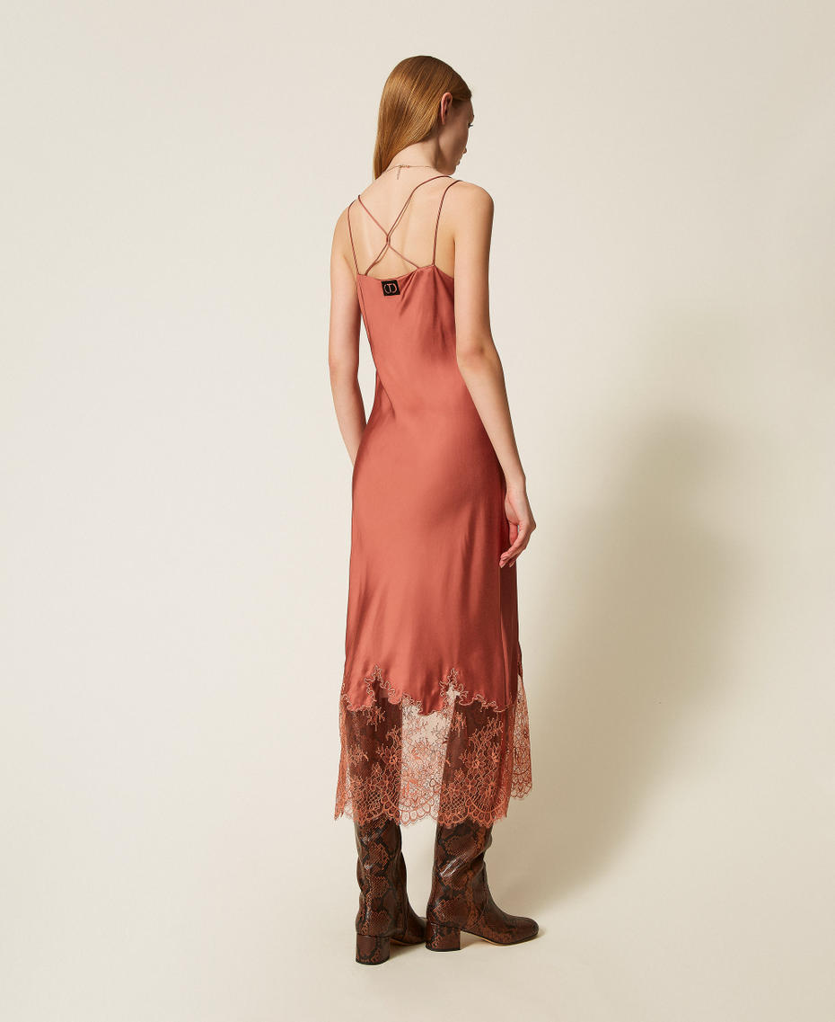 Midi satin and lace dress Rust Brown Woman 252TP2390_12608_03