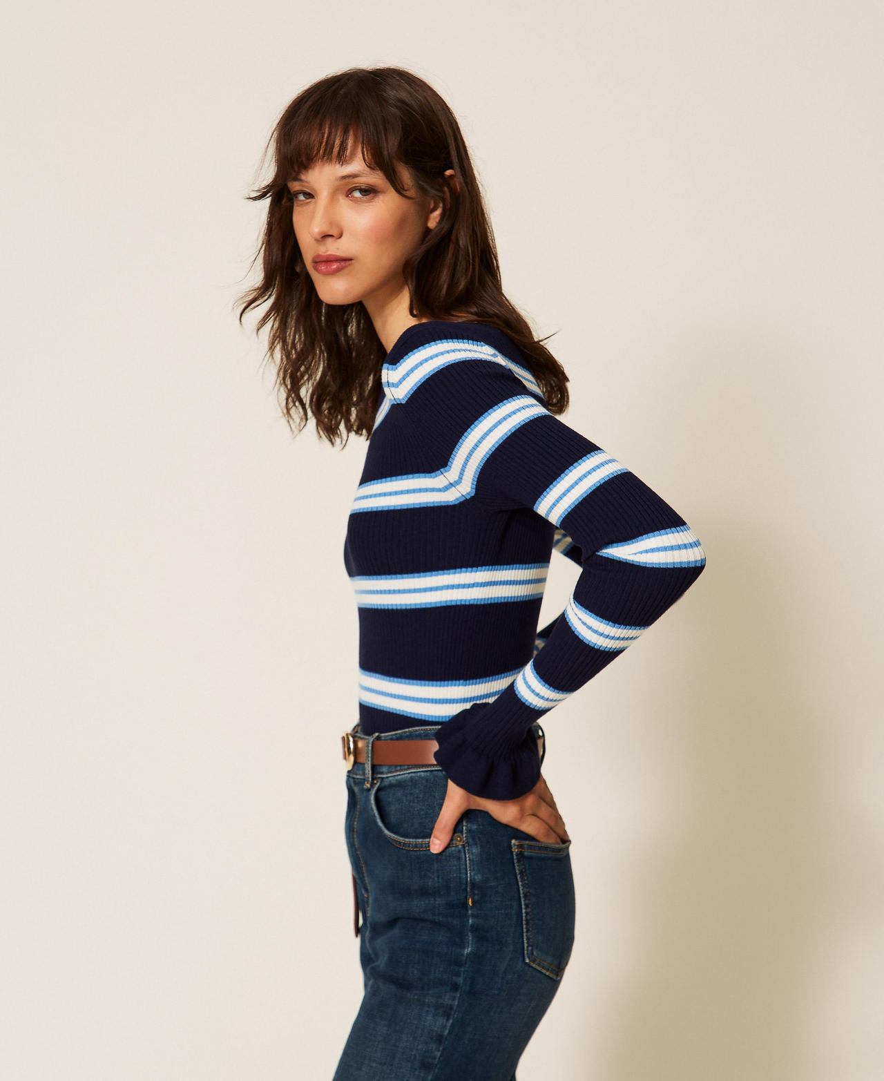 Striped jumper with ruffles Night Blue/Jasmine Blue Stripes Woman 261TP3241_13383_02