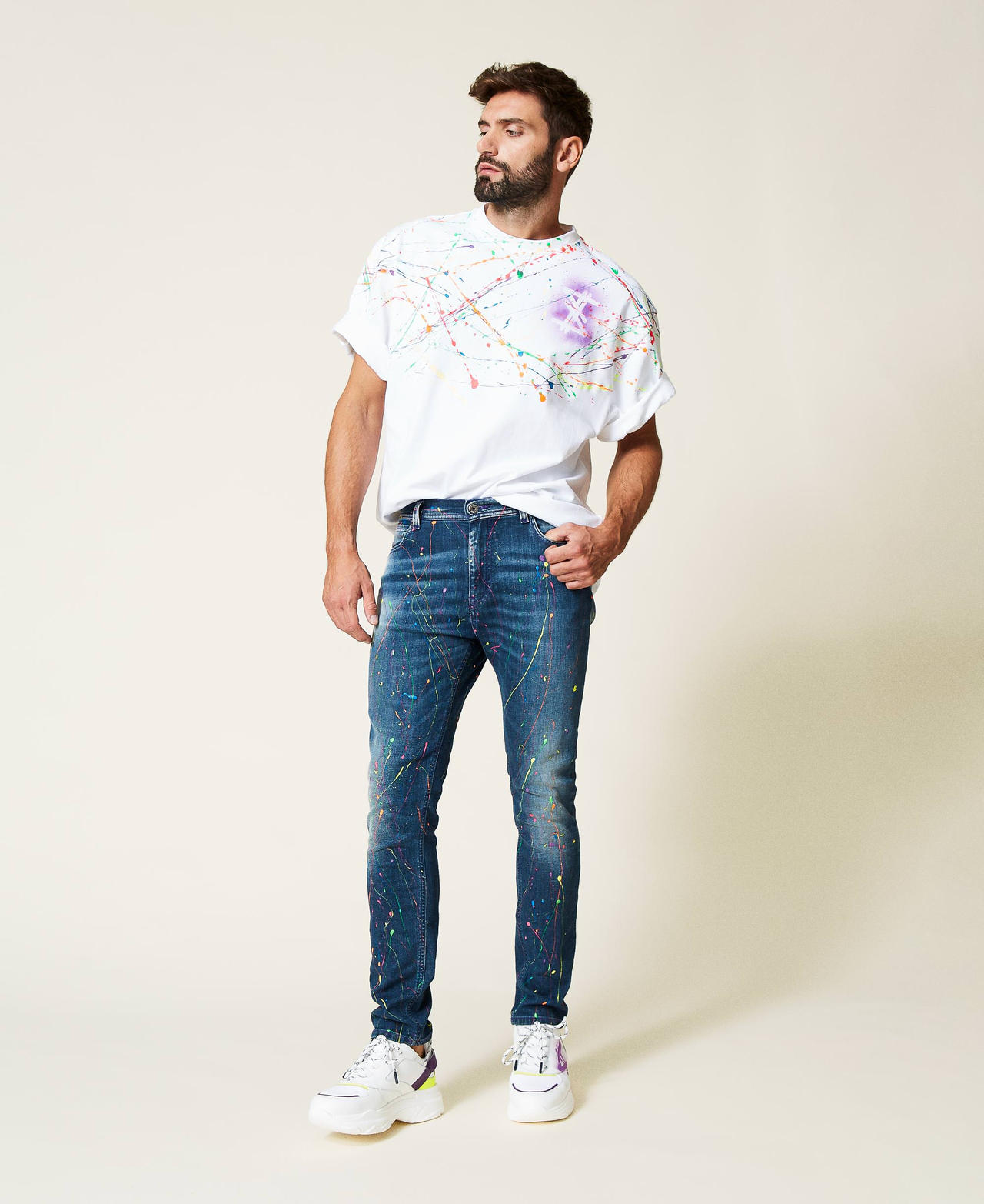 Mens skinny jeans with paint splatter sale