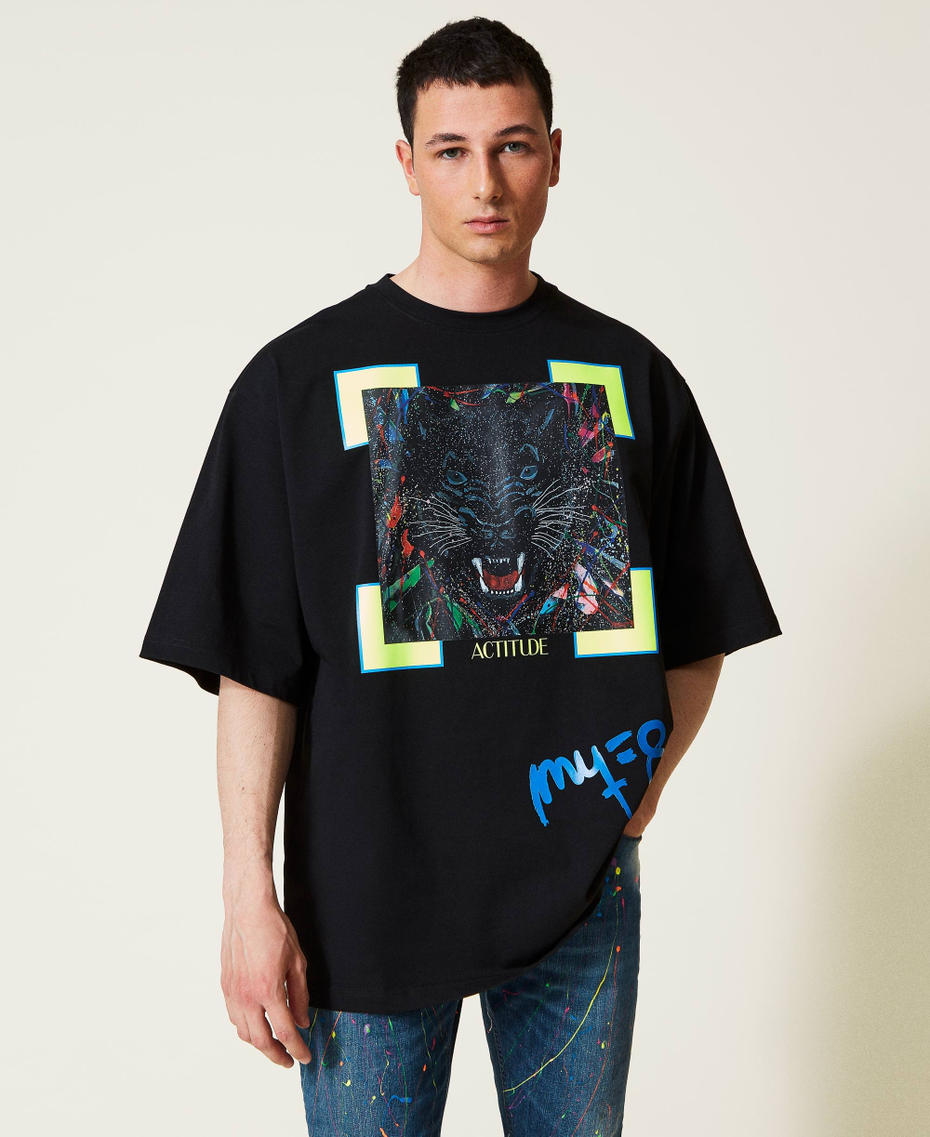 Camiseta Myfo con estampado de pantera Negro Unisex 999AQ2093-05
