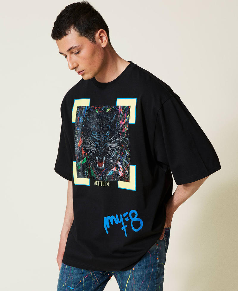 T-shirt Myfo con stampa pantera Nero Unisex 999AQ2093-06