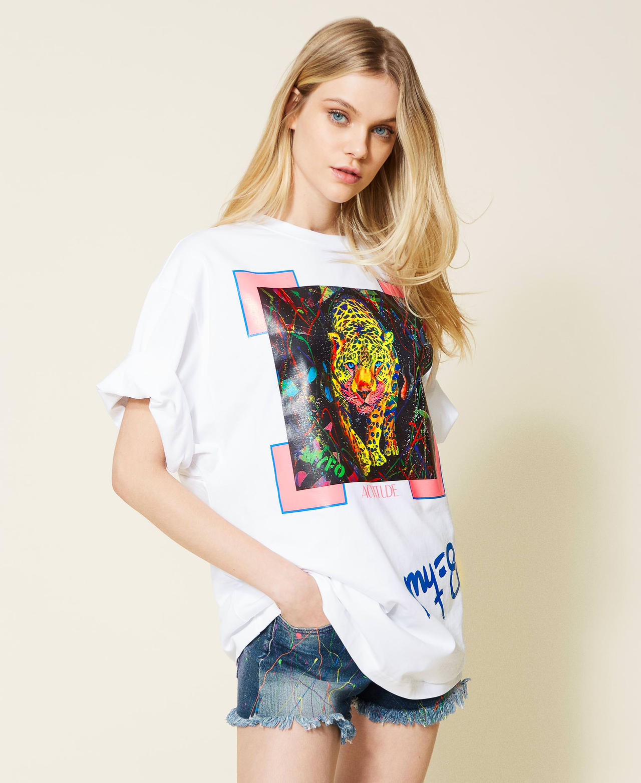 T-shirt Myfo con stampa ghepardo Bianco Unisex 999AQ2097-02