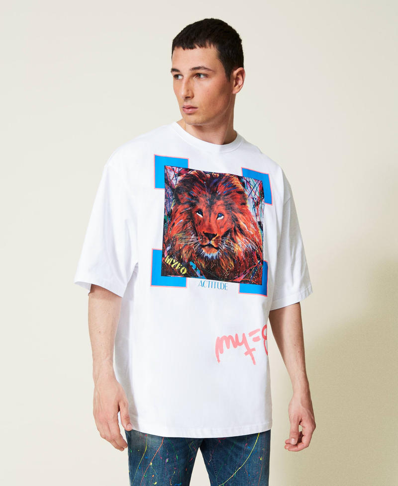 T-Shirt mit Löwenprint von Myfo Weiß Unisex 999AQ2098-06