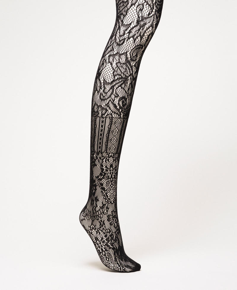 Tights with embroidery and lace patch Black Woman 999TA4300-01