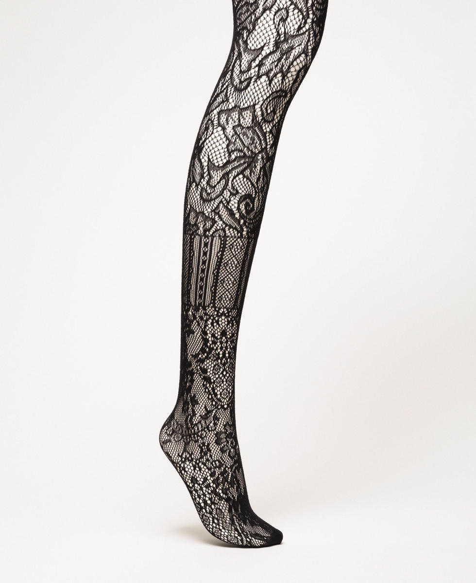 Tights with embroidery and lace patch