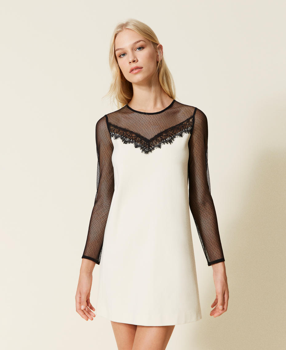 Short dress with plumetis tulle and lace Two-tone Cream / Black Woman 999TN2110_02361_01