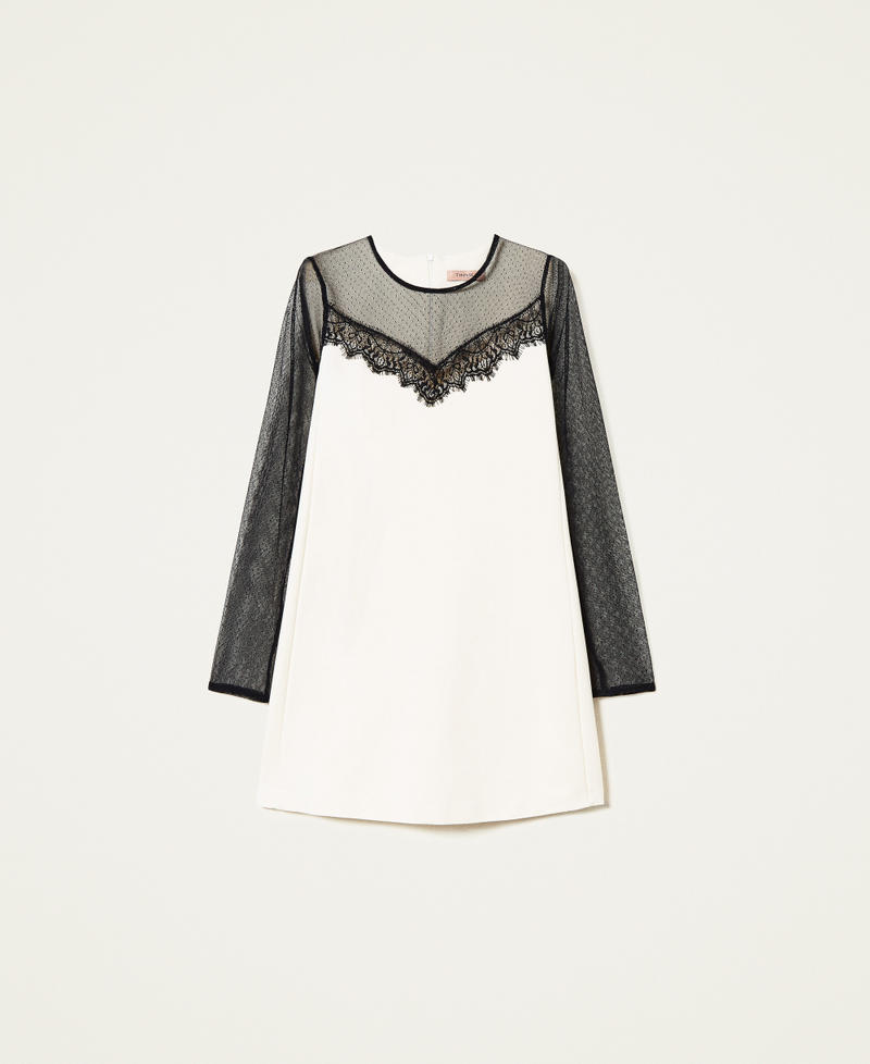 Short dress with plumetis tulle and lace Two-tone Cream / Black Woman 999TN2110_02361_S0