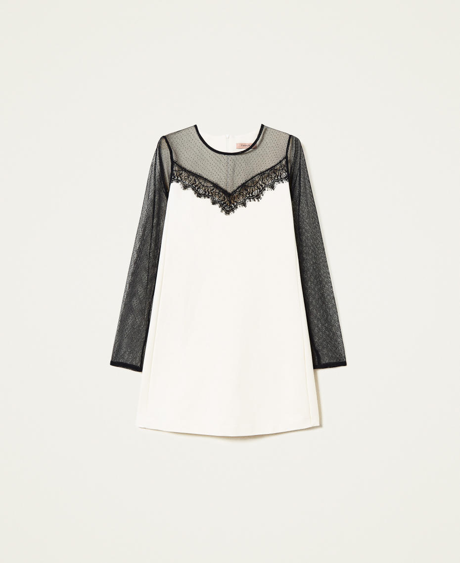 Short dress with plumetis tulle and lace Two-tone Cream / Black Woman 999TN2110_02361_S0