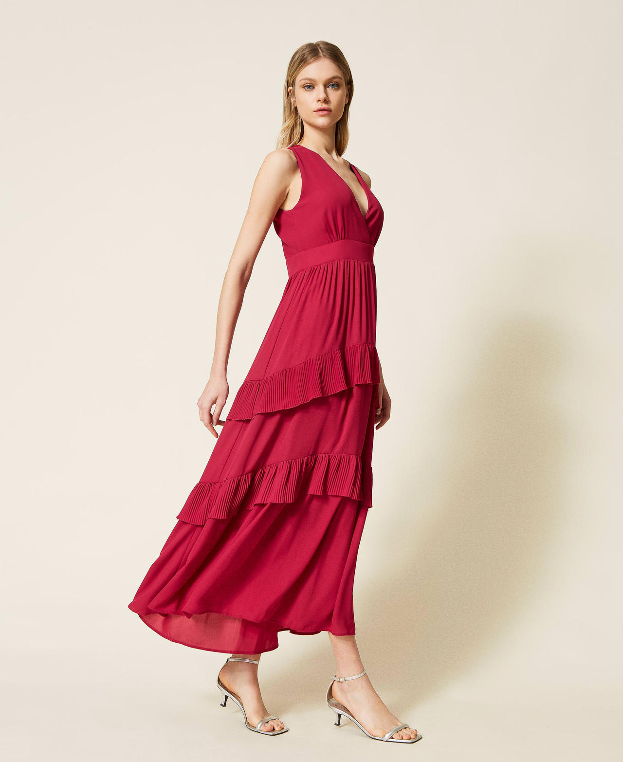 Long georgette dress with flounces "Cerise" Fuchsia Woman 999TN211A_00717_02