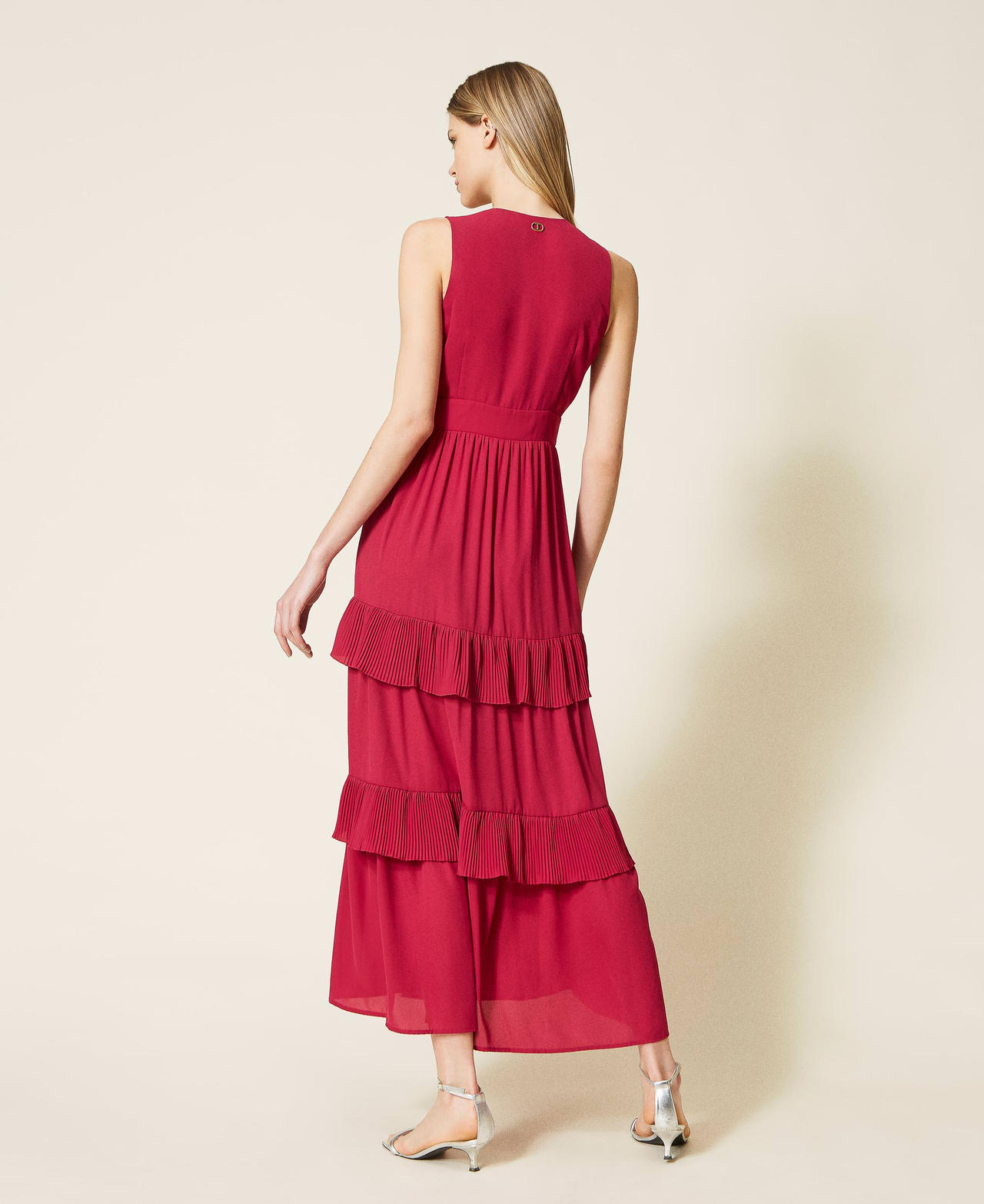 Long georgette dress with flounces "Cerise" Fuchsia Woman 999TN211A_00717_03