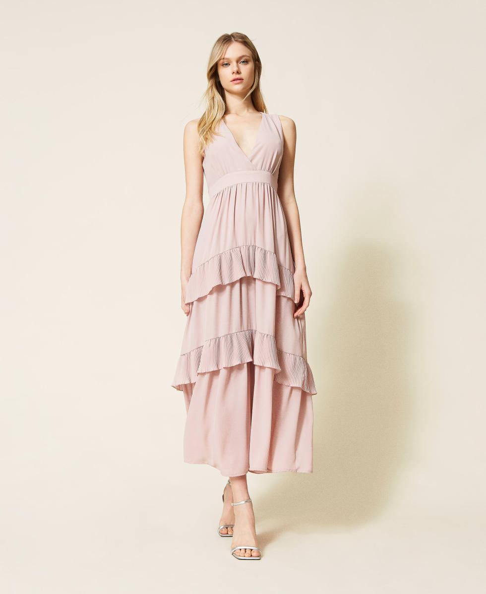 Long georgette dress with flounces Blush Pink Woman 999TN211A_07273_01