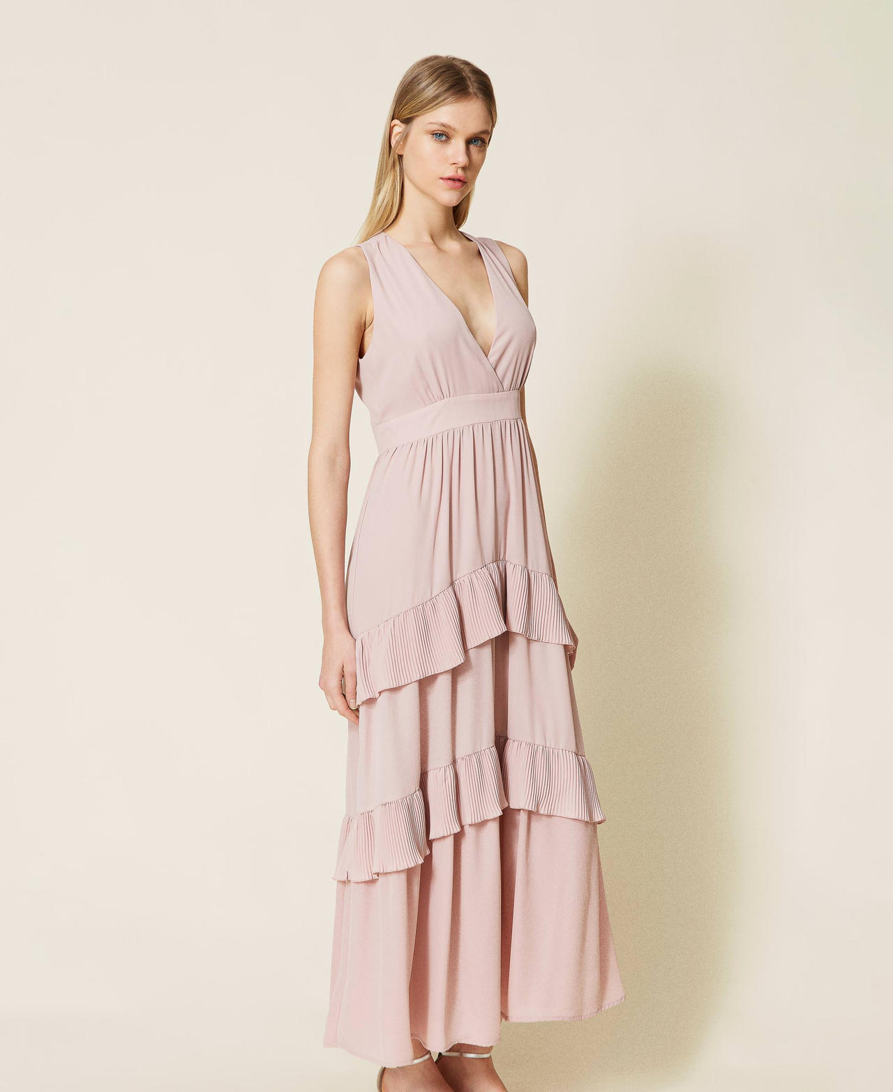 Abito lungo in georgette con balze Rosa Cipria Donna 999TN211A_07273_03